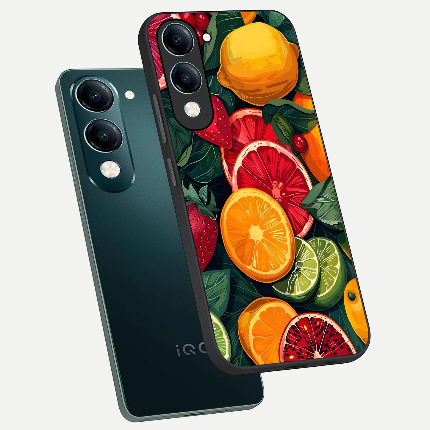  Multiple Fruits phone case for iQOO Z10 lite showing premium glass back cover with detailed artwork