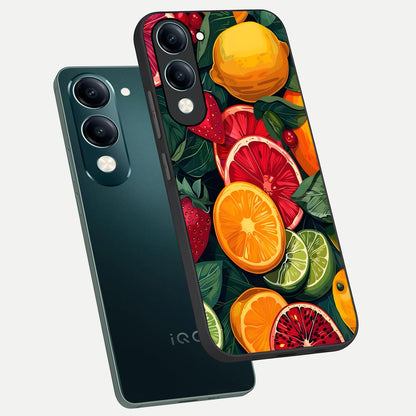  Multiple Fruits phone case for iQOO Z10 lite showing premium glass back cover with detailed artwork