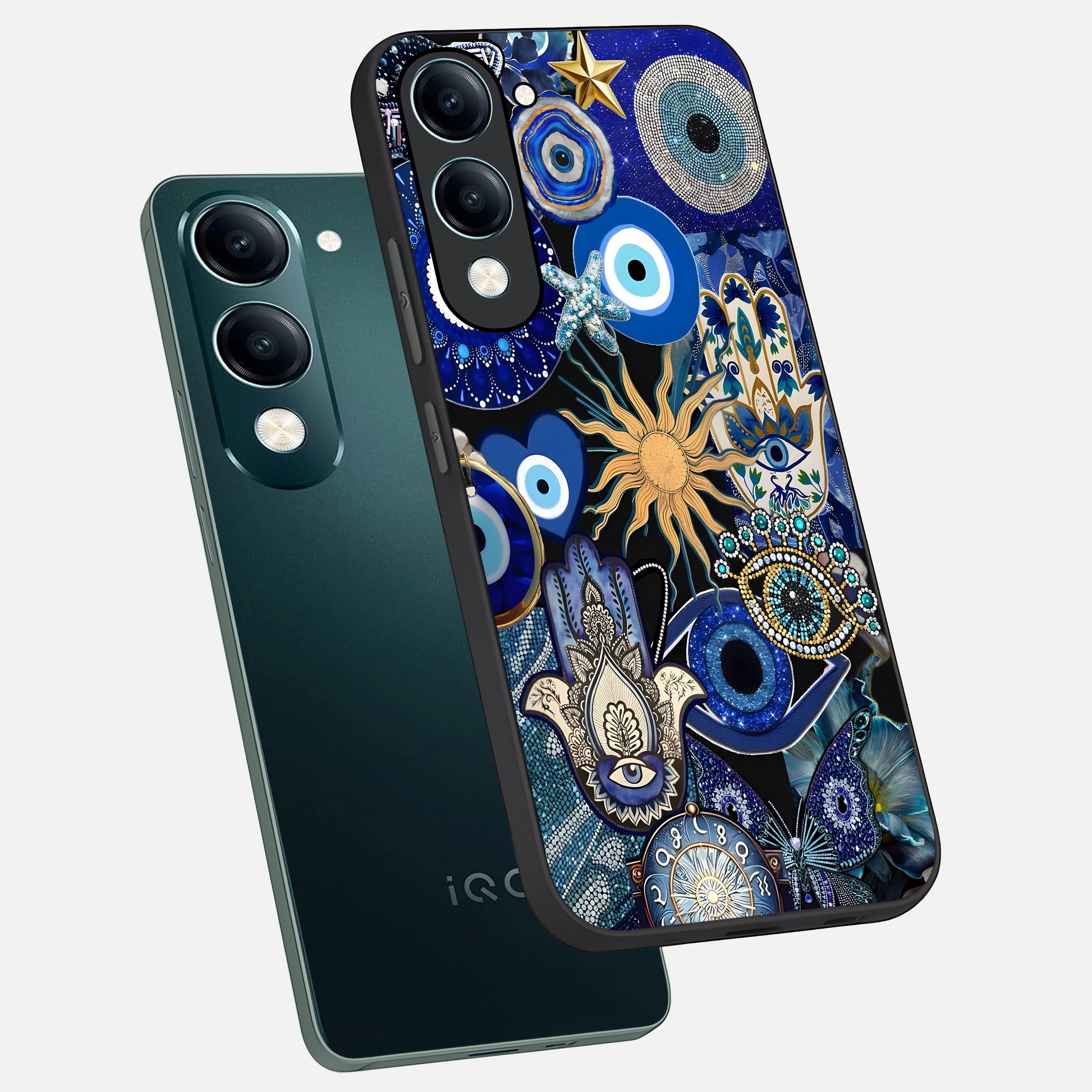  Mystic Blue Evil Eye phone case for iQOO Z10 Lite showing premium glass back cover with detailed artwork