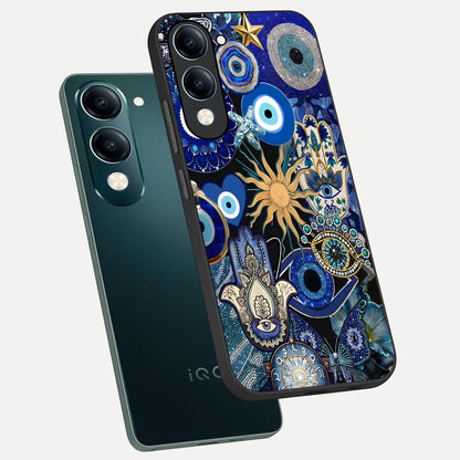  Mystic Blue Evil Eye phone case for iQOO Z10 Lite showing premium glass back cover with detailed artwork