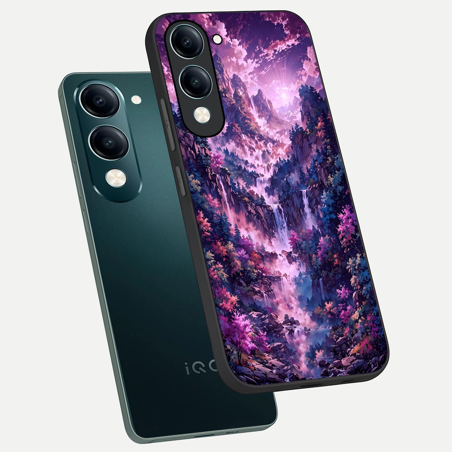  Mystic Cascade Peaks phone case for iQOO Z10 Lite showing premium glass back cover with detailed artwork