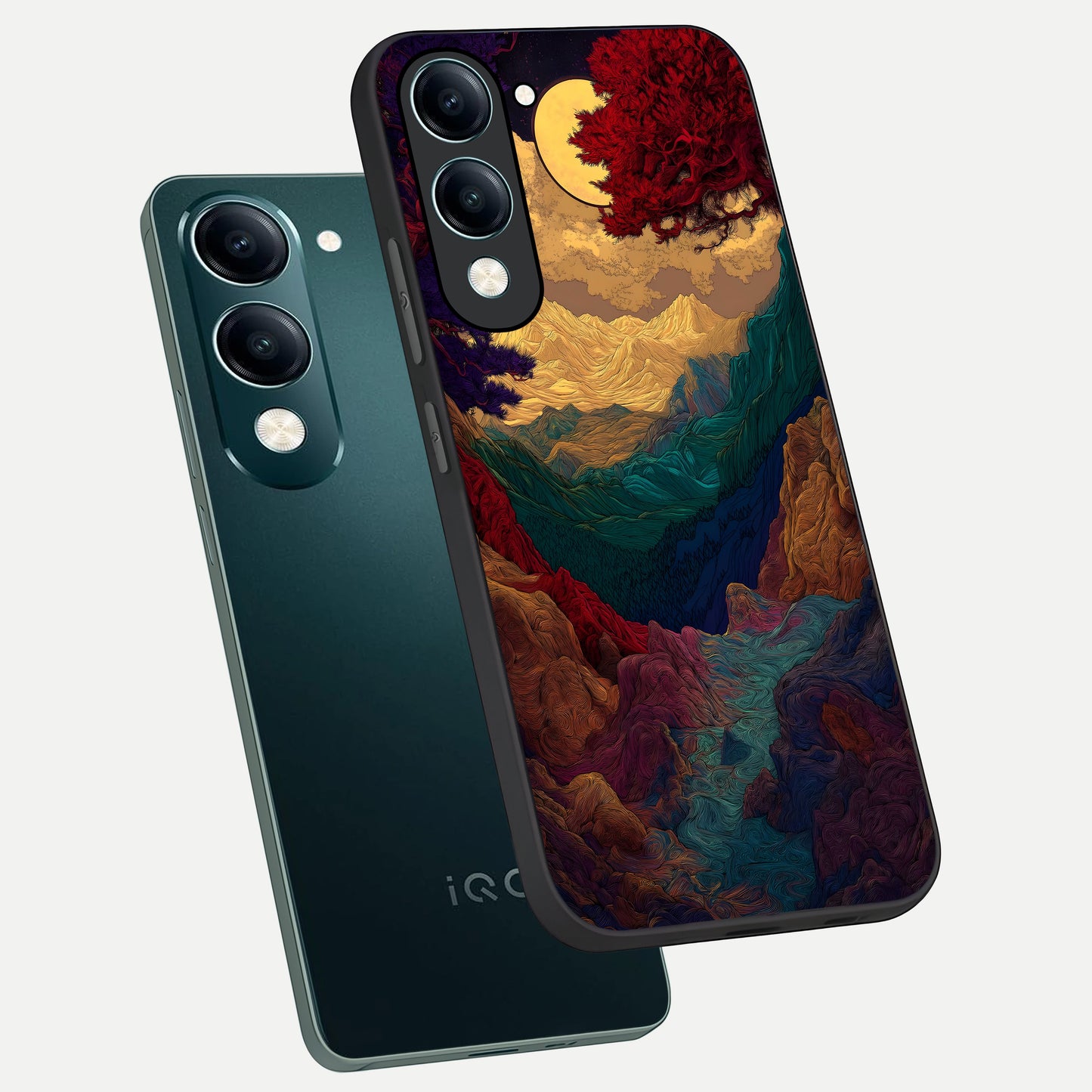  Mystic Valley Light phone case for iQOO Z10 lite showing premium glass back cover with detailed artwork