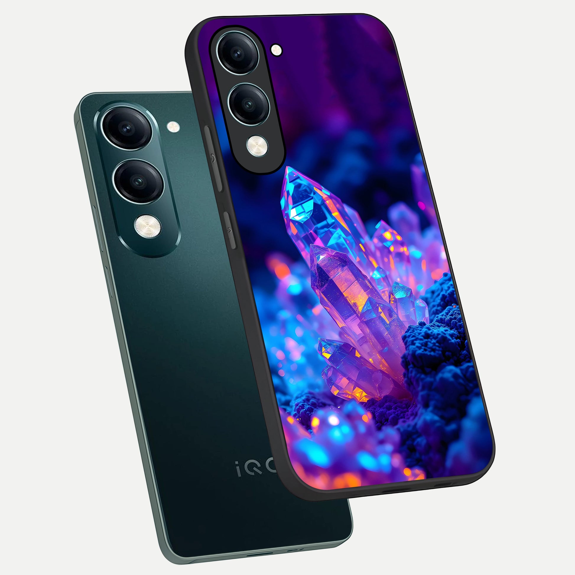  Neon Aura Shards phone case for iQOO Z10 lite showing premium glass back cover with detailed artwork