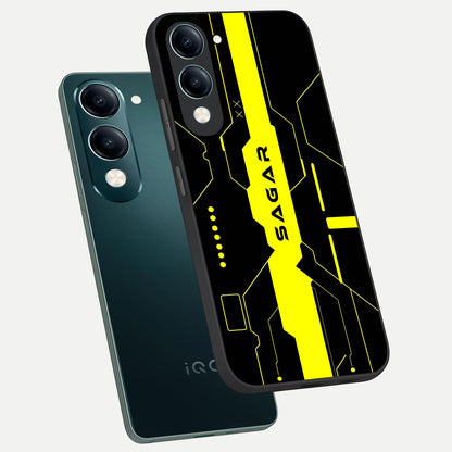  Neon CYBERPUNK Custom Name phone case for iQOO Z10 Lite showing premium glass back cover with detailed artwork