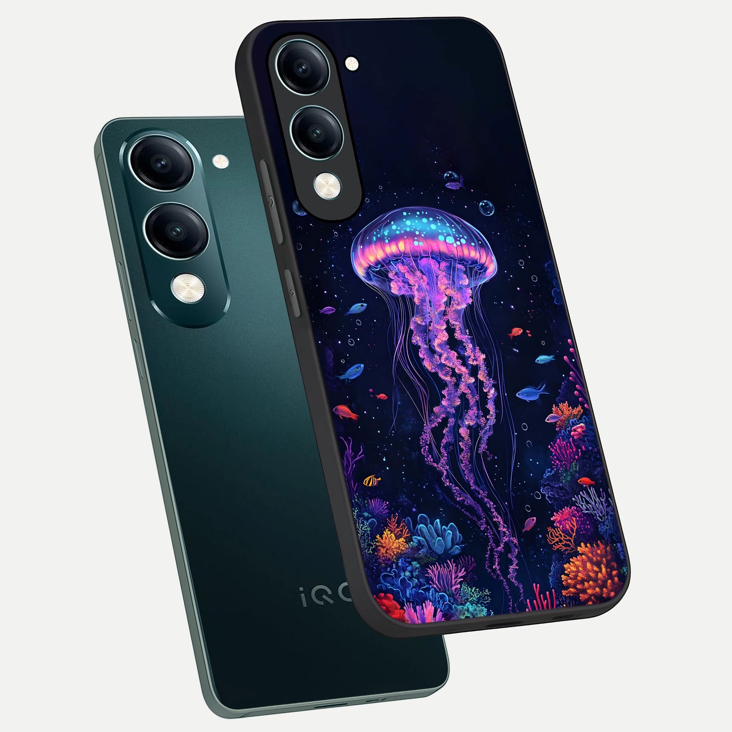  Neon Jellyfish phone case for iQOO Z10 lite showing premium glass back cover with detailed artwork