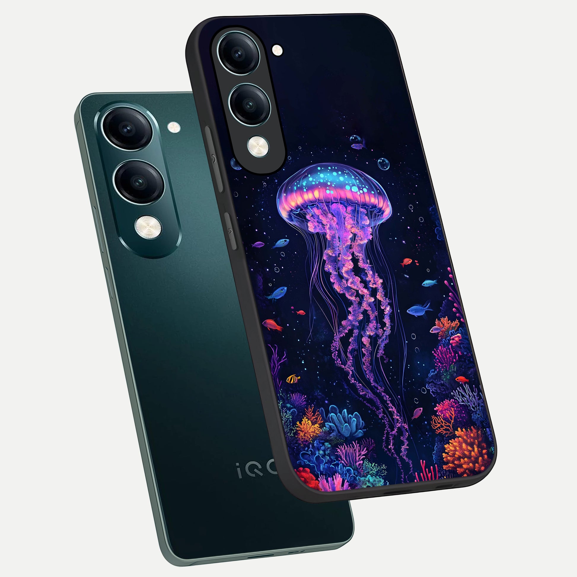 Neon Jellyfish phone case for iQOO Z10 lite showing premium glass back cover with detailed artwork