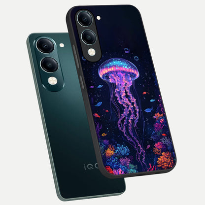  Neon Jellyfish phone case for iQOO Z10 lite showing premium glass back cover with detailed artwork
