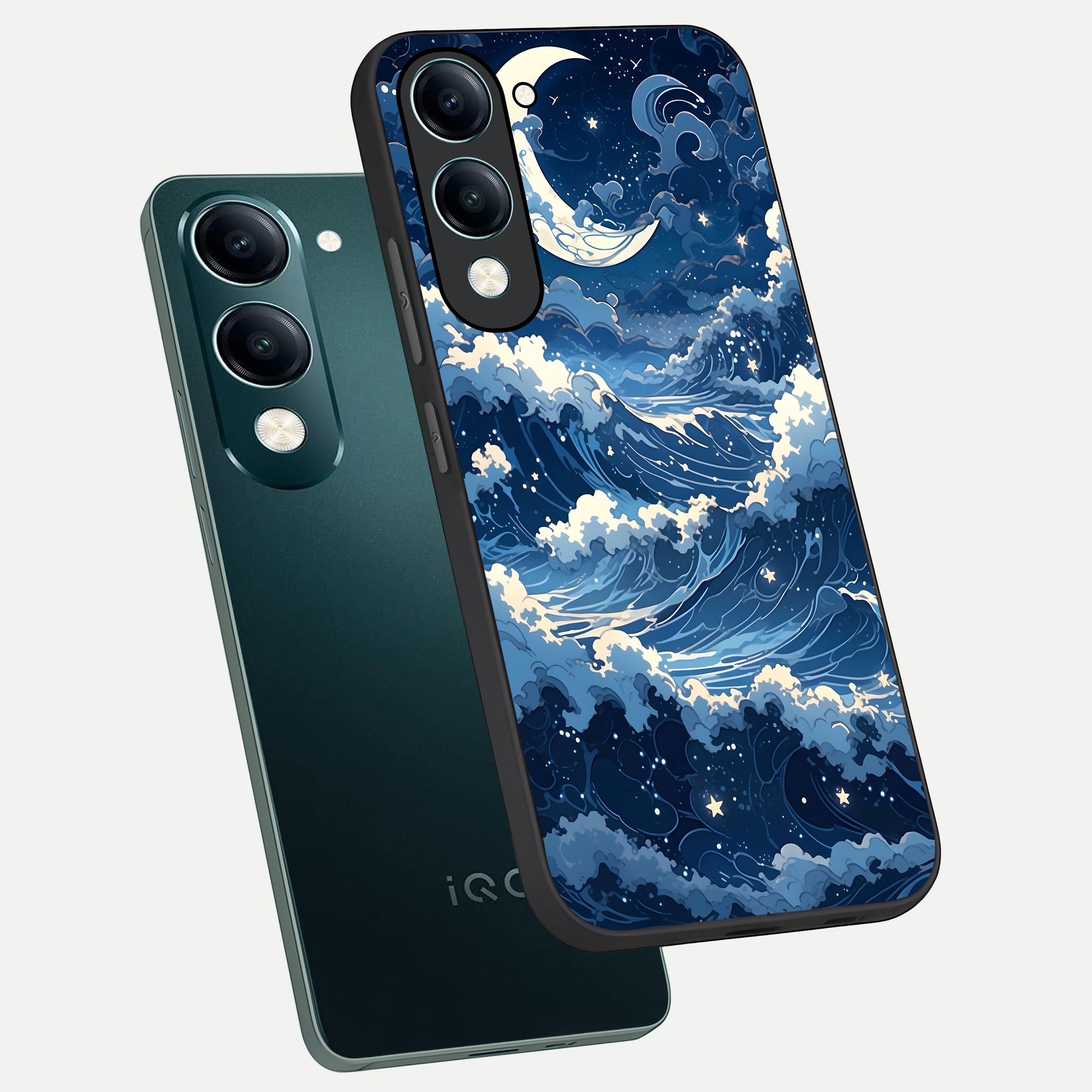  Ocean Moon Waves phone case for iQOO Z10 Lite showing premium glass back cover with detailed artwork