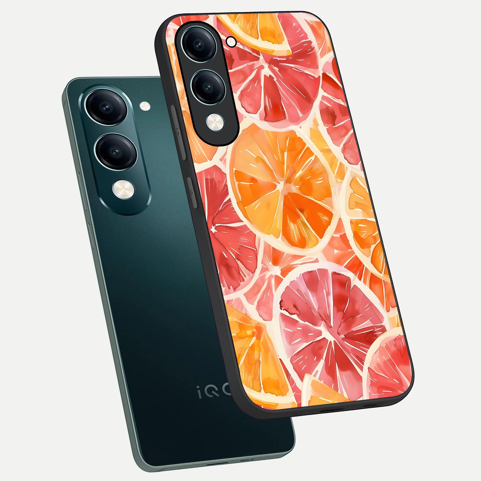  Orange Fruits Pattern phone case for iQOO Z10 lite showing premium glass back cover with detailed artwork