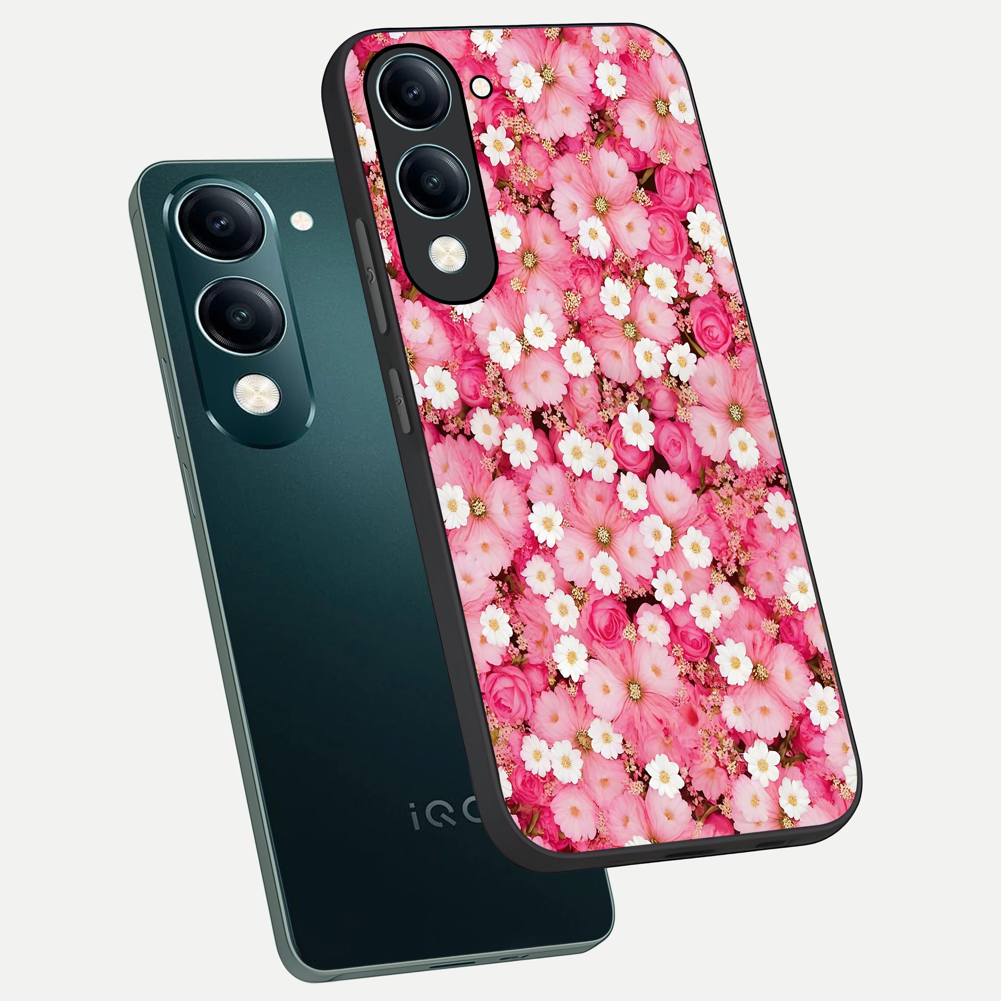  Pink Daisy Bliss phone case for iQOO Z10 Lite showing premium glass back cover with detailed artwork