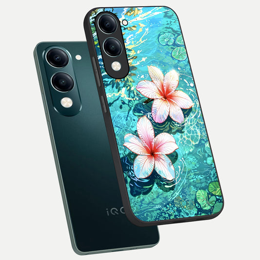  Pink Flowers in Water phone case for iQOO Z10 Lite showing premium glass back cover with detailed artwork
