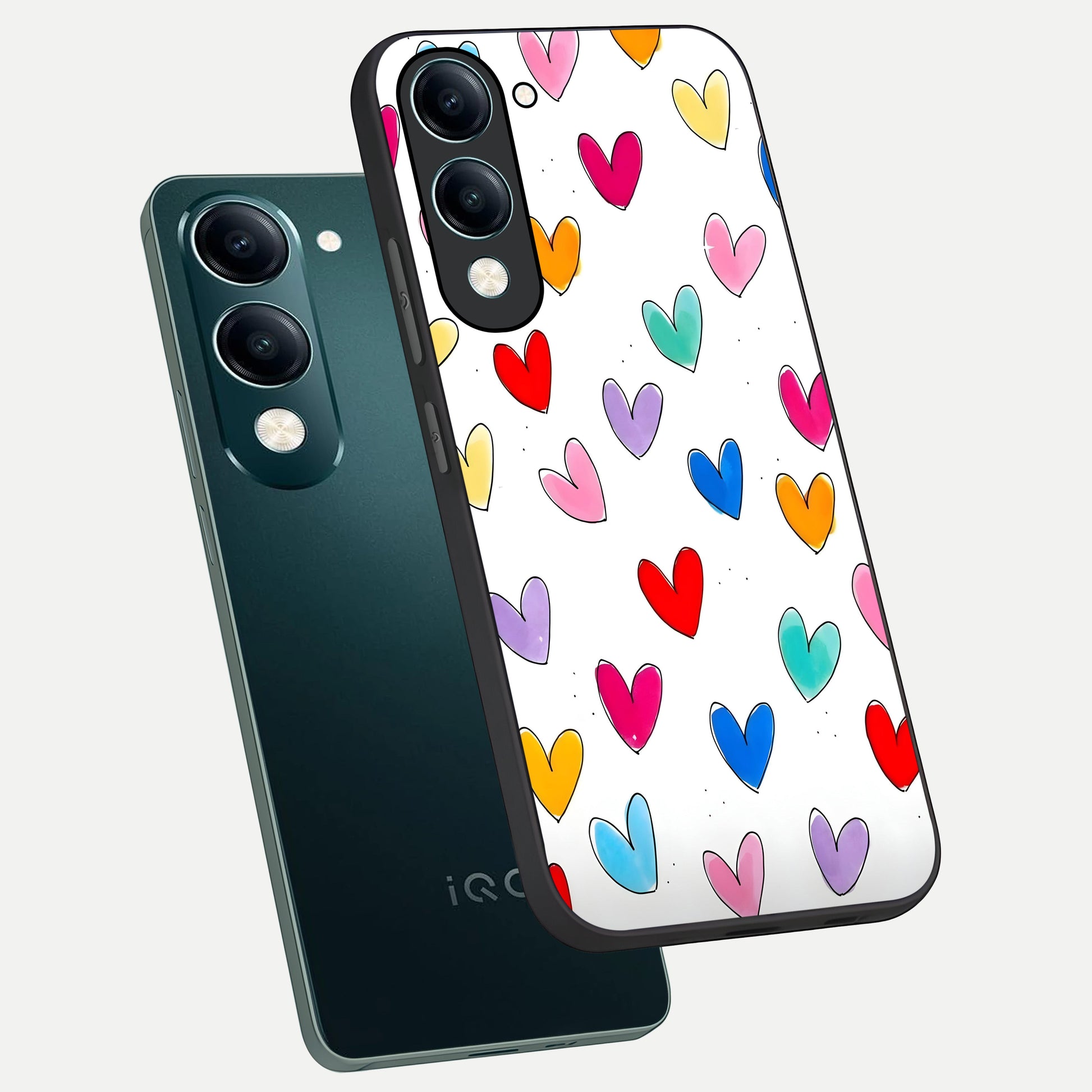  Playful Love Doodles phone case for iQOO Z10 Lite showing premium glass back cover with detailed artwork