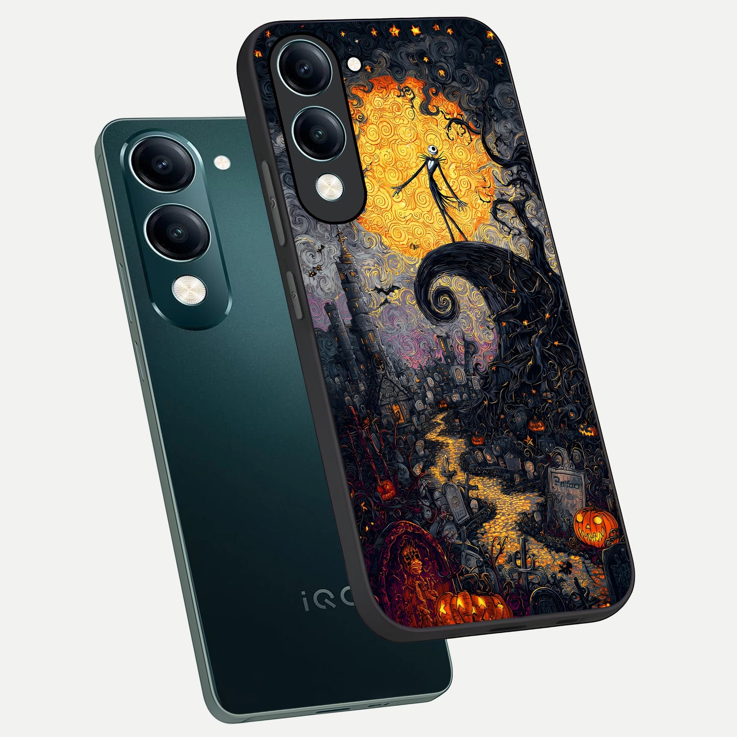  Pumpkin Moon Night phone case for iQOO Z10 lite showing premium glass back cover with detailed artwork