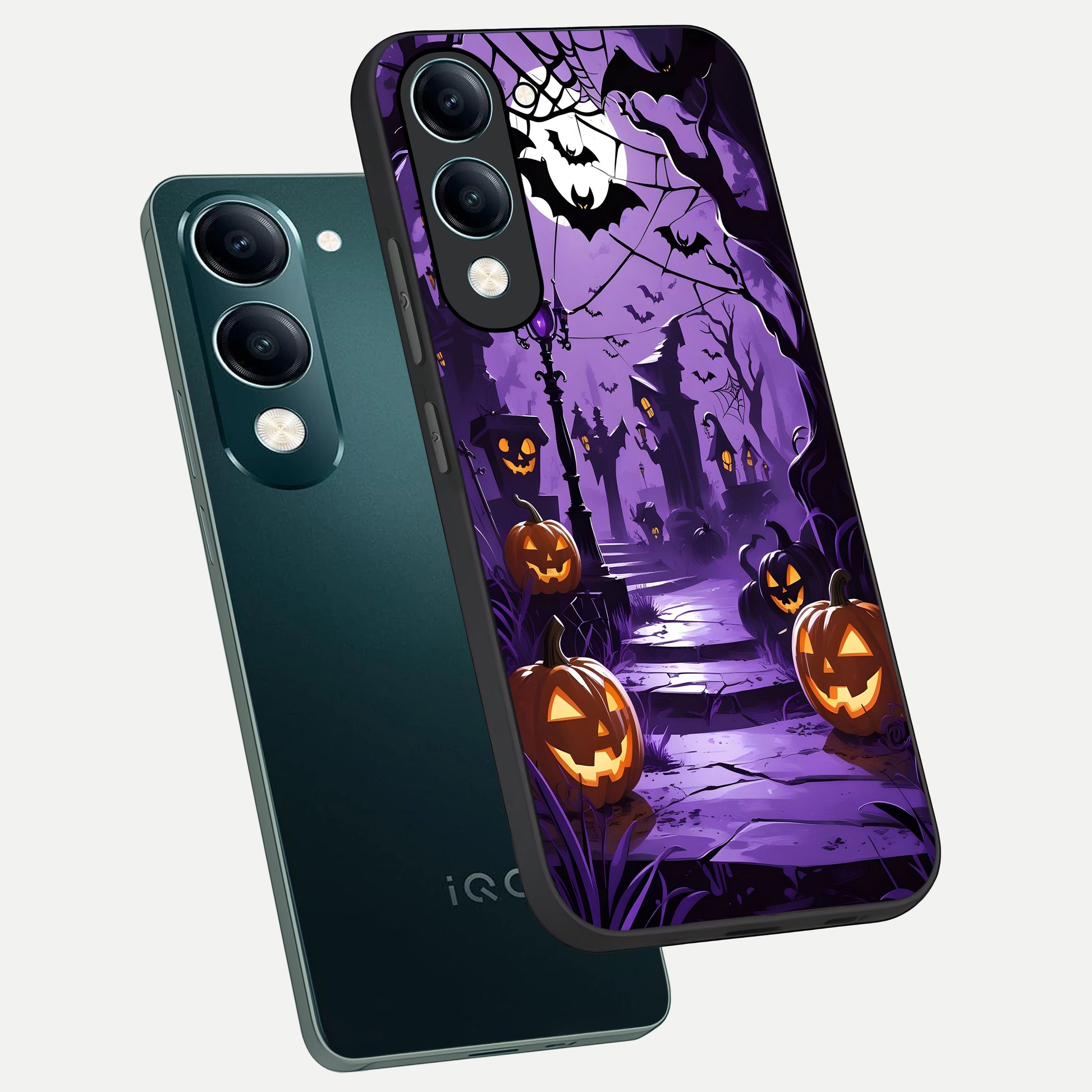  Pumpkin Patch Halloween phone case for iQOO Z10 lite showing premium glass back cover with detailed artwork
