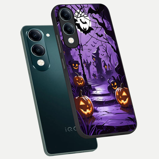  Pumpkin Patch Halloween phone case for iQOO Z10 lite showing premium glass back cover with detailed artwork
