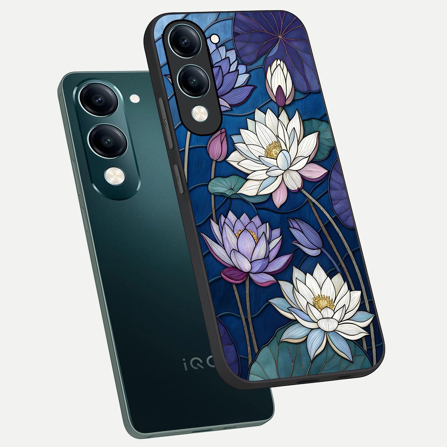  Purple Lotus Stained phone case for iQOO Z10 Lite showing premium glass back cover with detailed artwork