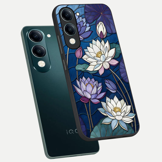  Purple Lotus Stained phone case for iQOO Z10 Lite showing premium glass back cover with detailed artwork