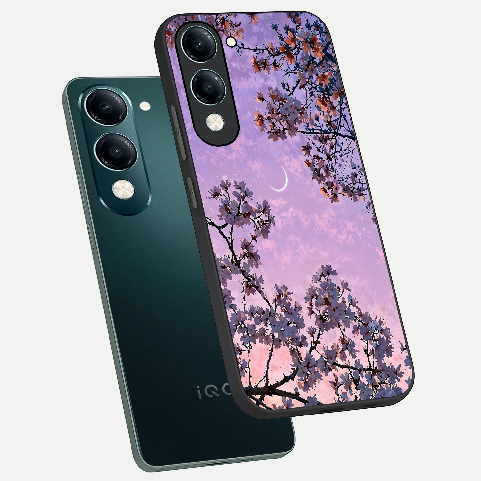  Purple Serenity Moon phone case for iQOO Z10 Lite showing premium glass back cover with detailed artwork