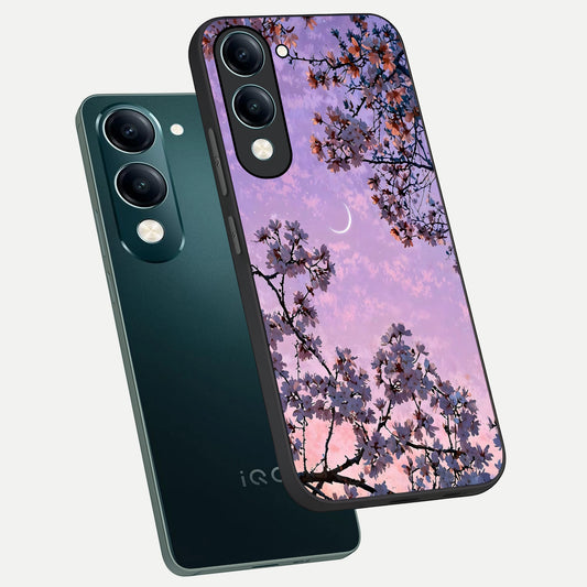  Purple Serenity Moon phone case for iQOO Z10 Lite showing premium glass back cover with detailed artwork