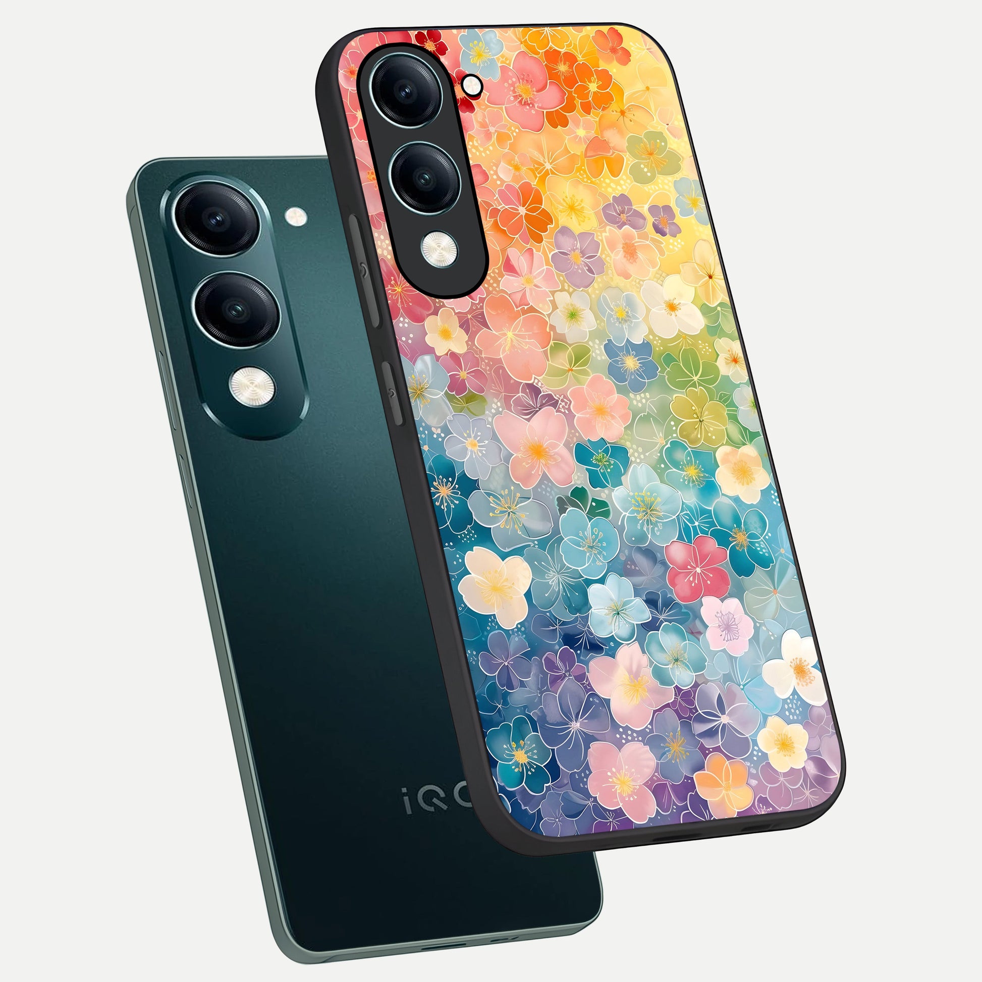  Rainbow Blossom Burst phone case for iQOO Z10 Lite showing premium glass back cover with detailed artwork