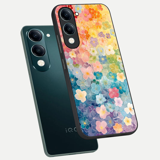  Rainbow Blossom Burst phone case for iQOO Z10 Lite showing premium glass back cover with detailed artwork