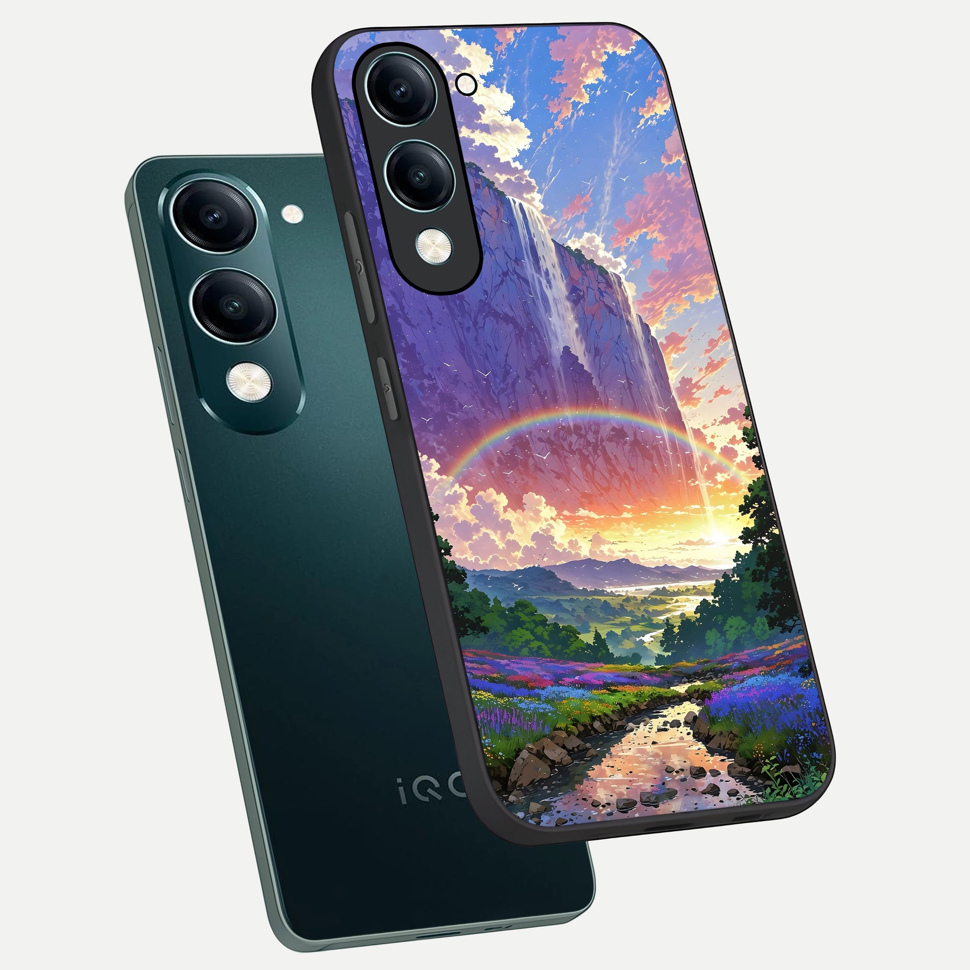  Rainbow Valley Dream phone case for iQOO Z10 lite showing premium glass back cover with detailed artwork