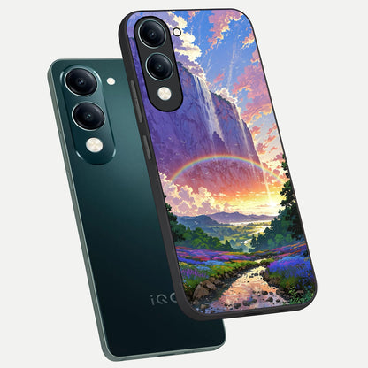  Rainbow Valley Dream phone case for iQOO Z10 lite showing premium glass back cover with detailed artwork