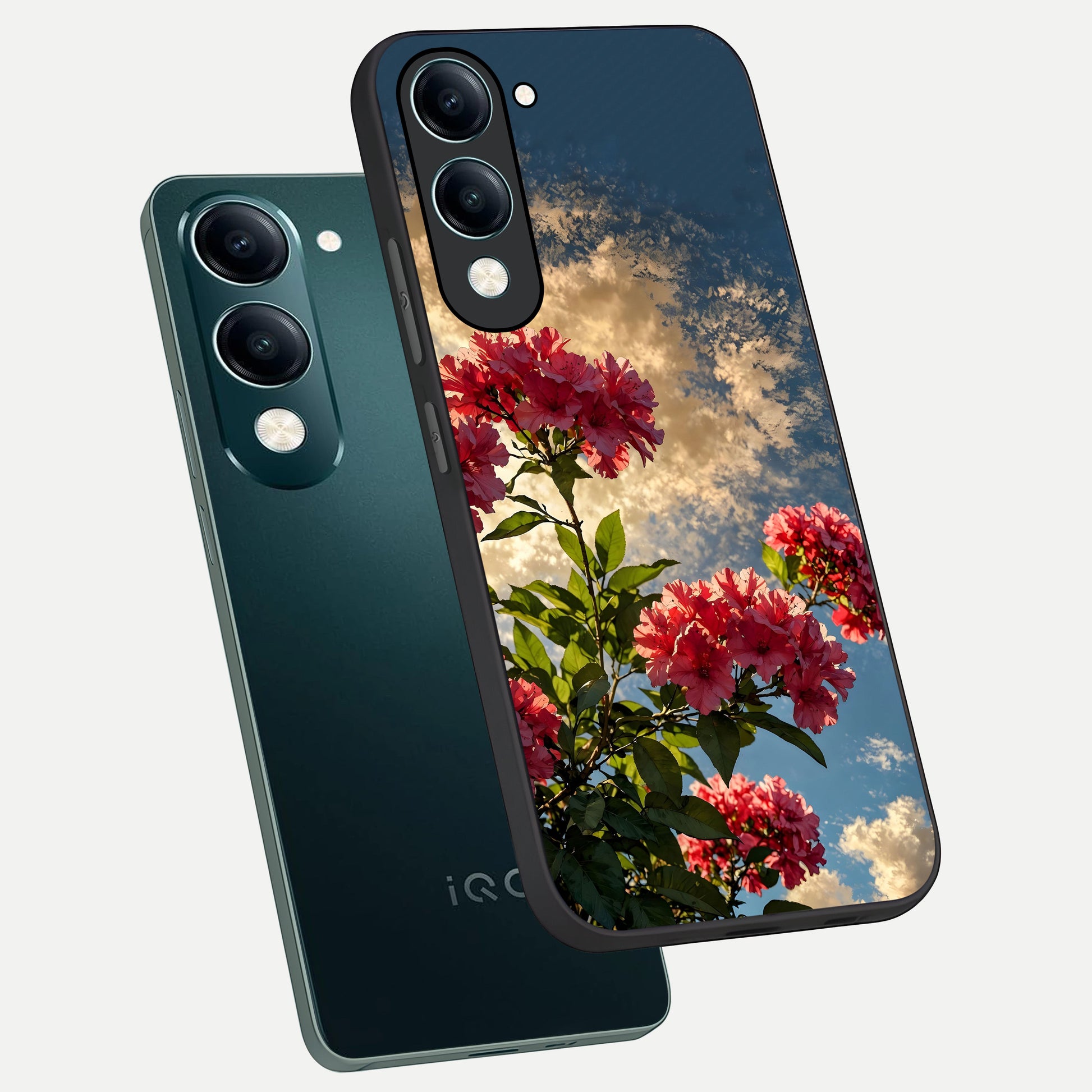  Red Bloom Skies phone case for iQOO Z10 Lite showing premium glass back cover with detailed artwork