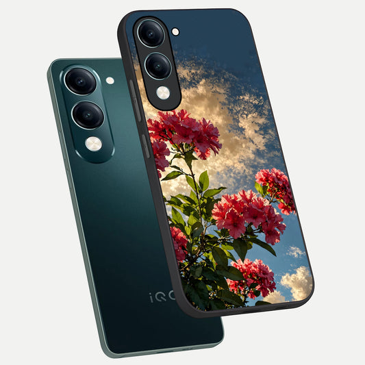  Red Bloom Skies phone case for iQOO Z10 Lite showing premium glass back cover with detailed artwork