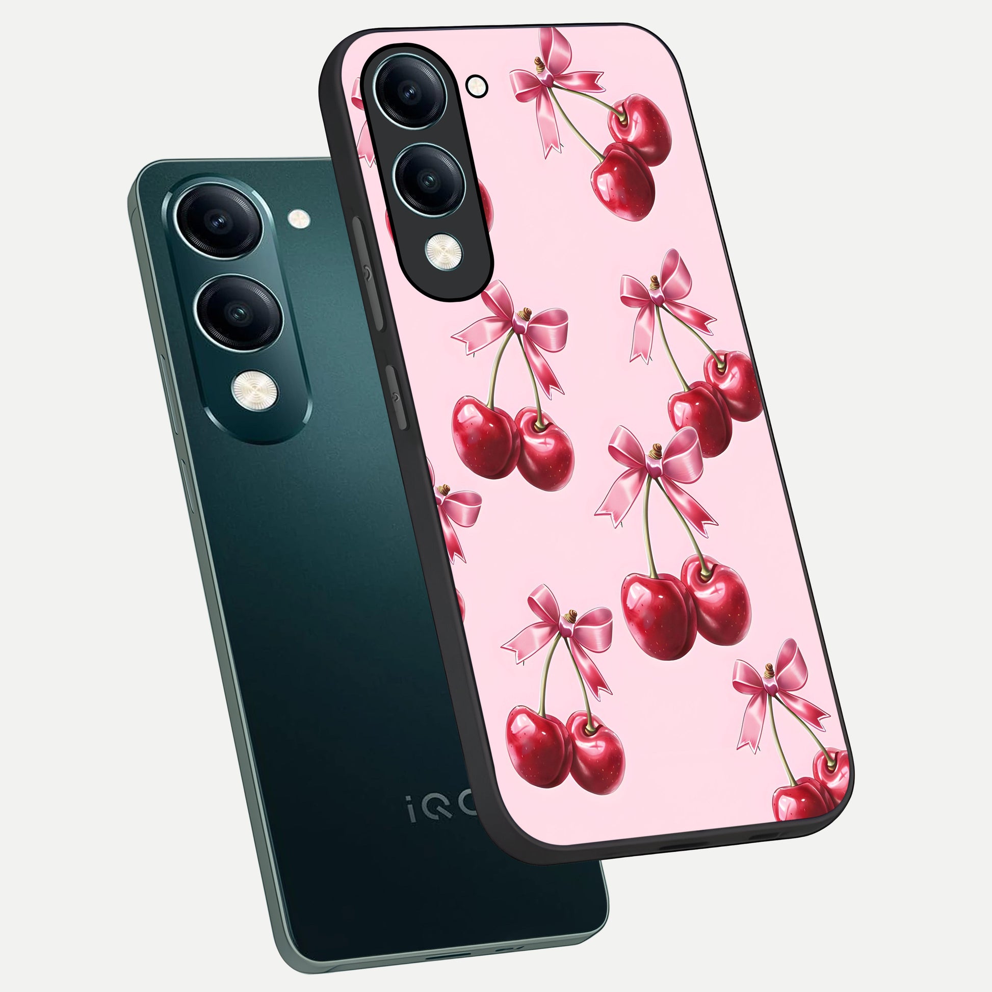  Red Cherries Pattern phone case for iQOO Z10 Lite showing premium glass back cover with detailed artwork