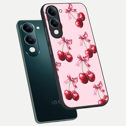  Red Cherries Pattern phone case for iQOO Z10 Lite showing premium glass back cover with detailed artwork