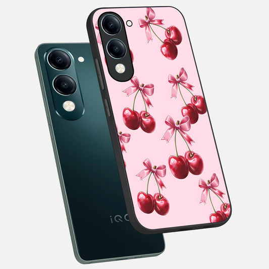  Red Cherries Pattern phone case for iQOO Z10 Lite showing premium glass back cover with detailed artwork
