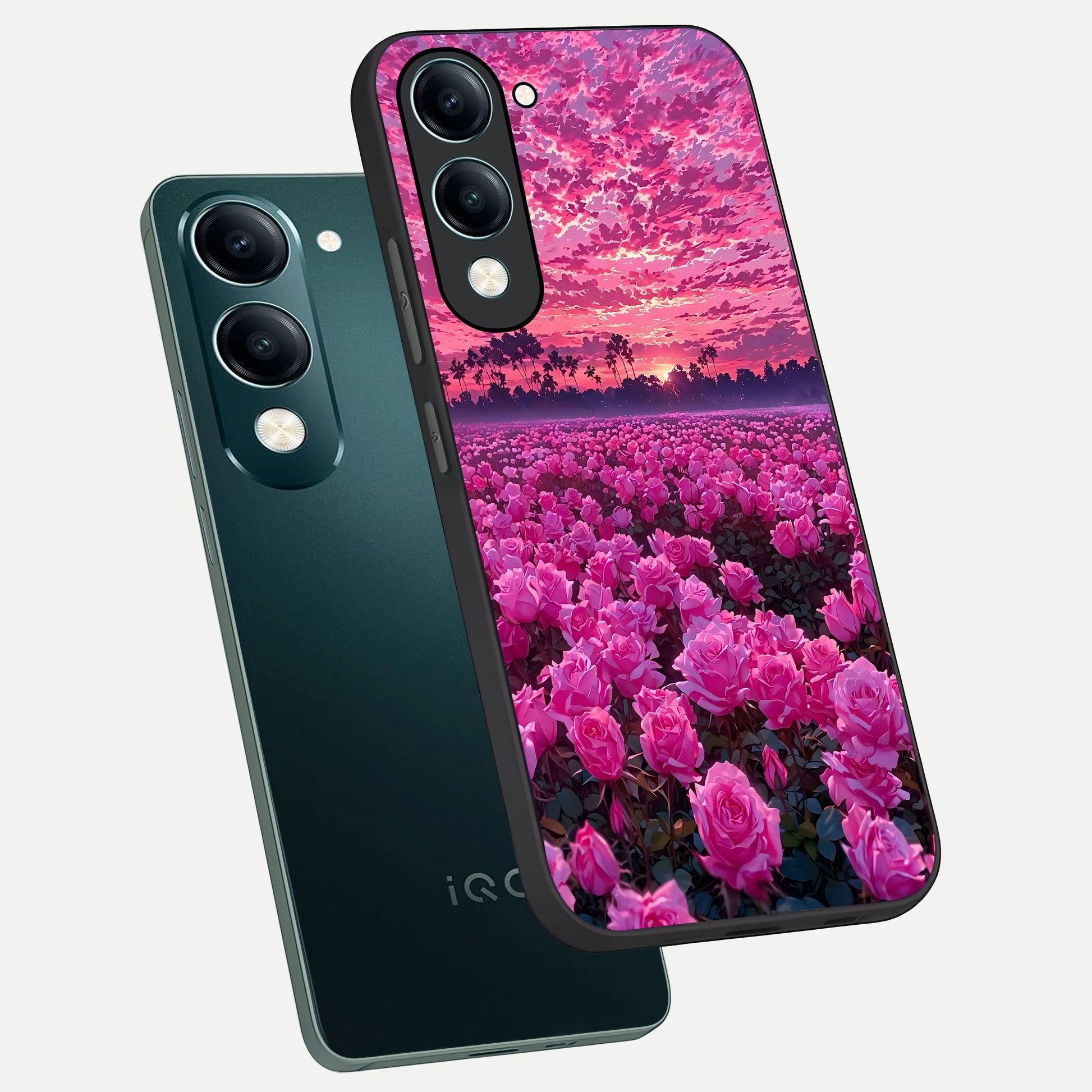  Rose Sunset Valley phone case for iQOO Z10 Lite showing premium glass back cover with detailed artwork