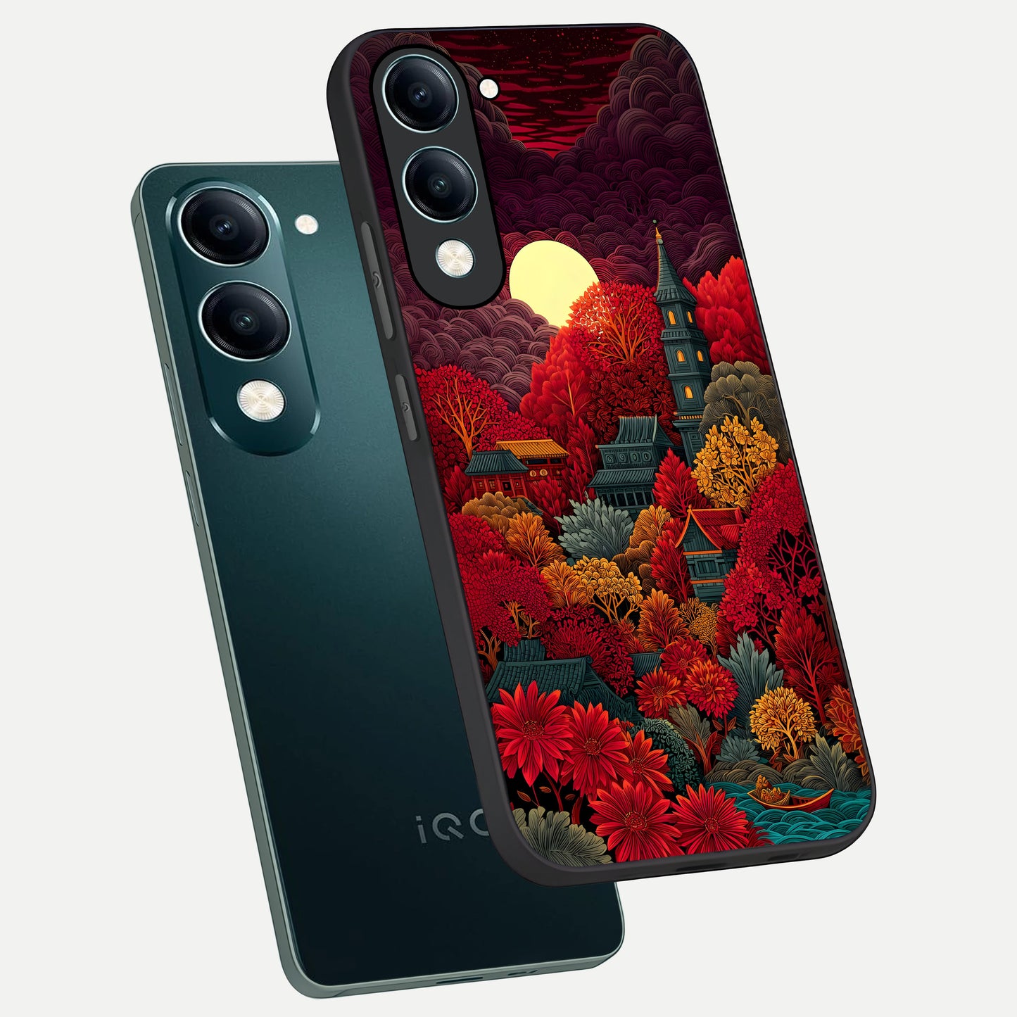  Scarlet Autumn Temple phone case for iQOO Z10 lite showing premium glass back cover with detailed artwork