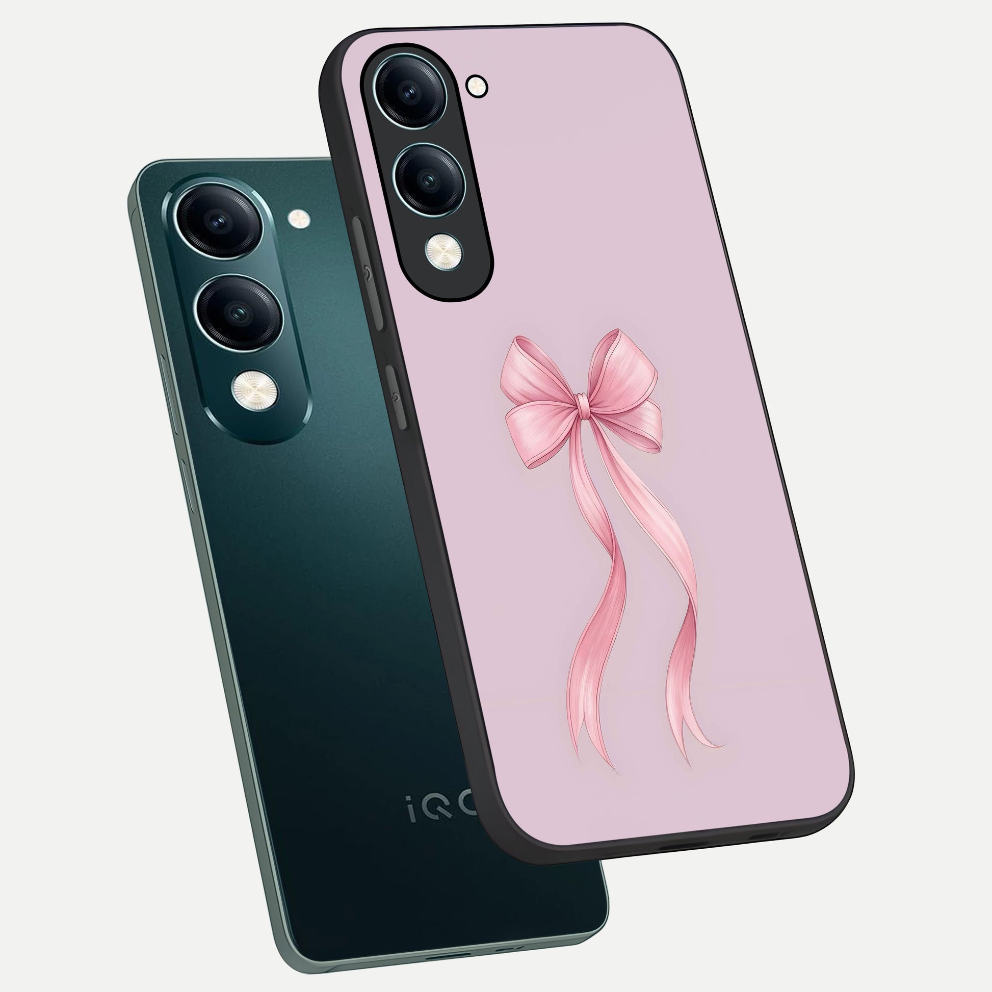  Soft Blush Bow phone case for iQOO Z10 lite showing premium glass back cover with detailed artwork