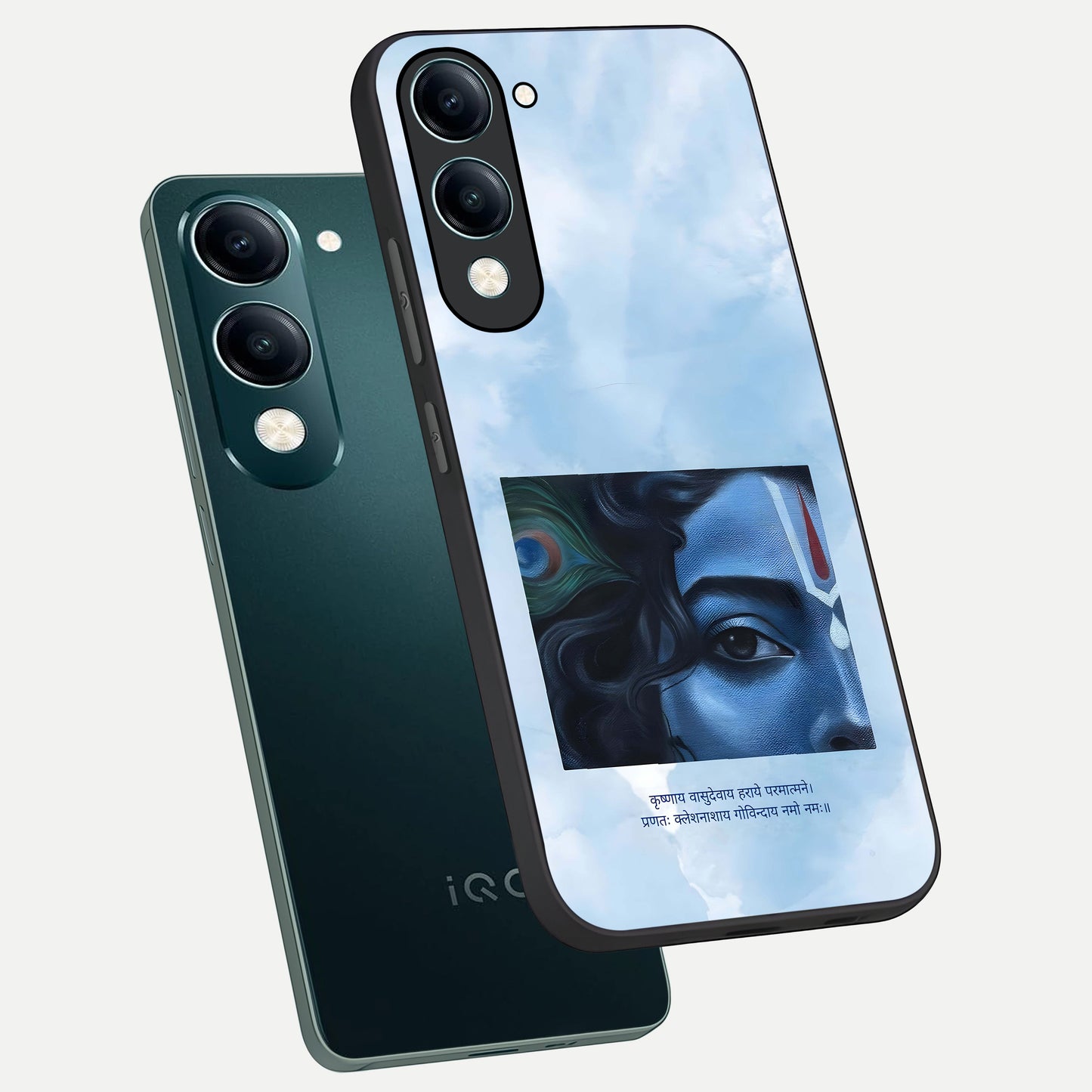 Spiritual Krishna phone case for iQOO Z10 lite showing premium glass back cover with detailed artwork