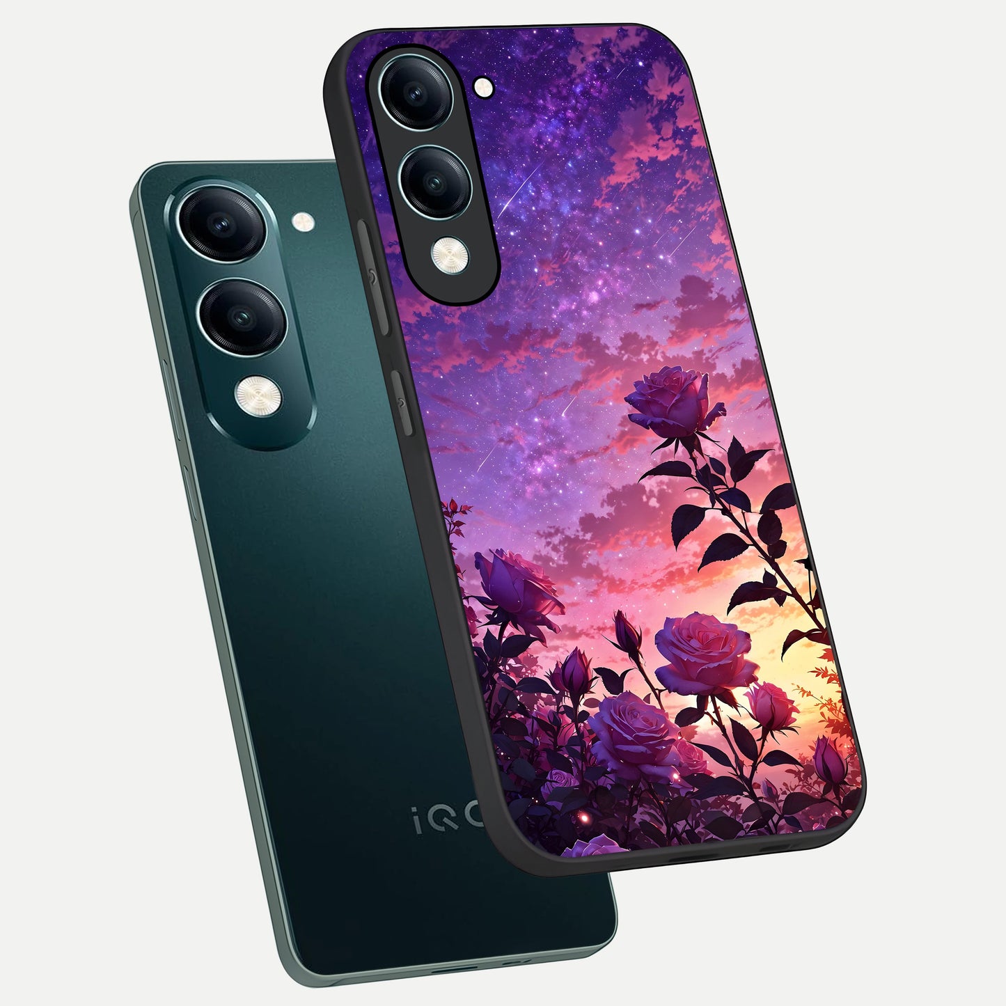  Starlit Rose Twilight phone case for iQOO Z10 Lite showing premium glass back cover with detailed artwork