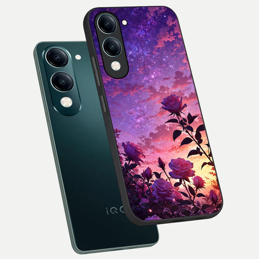  Starlit Rose Twilight phone case for iQOO Z10 Lite showing premium glass back cover with detailed artwork