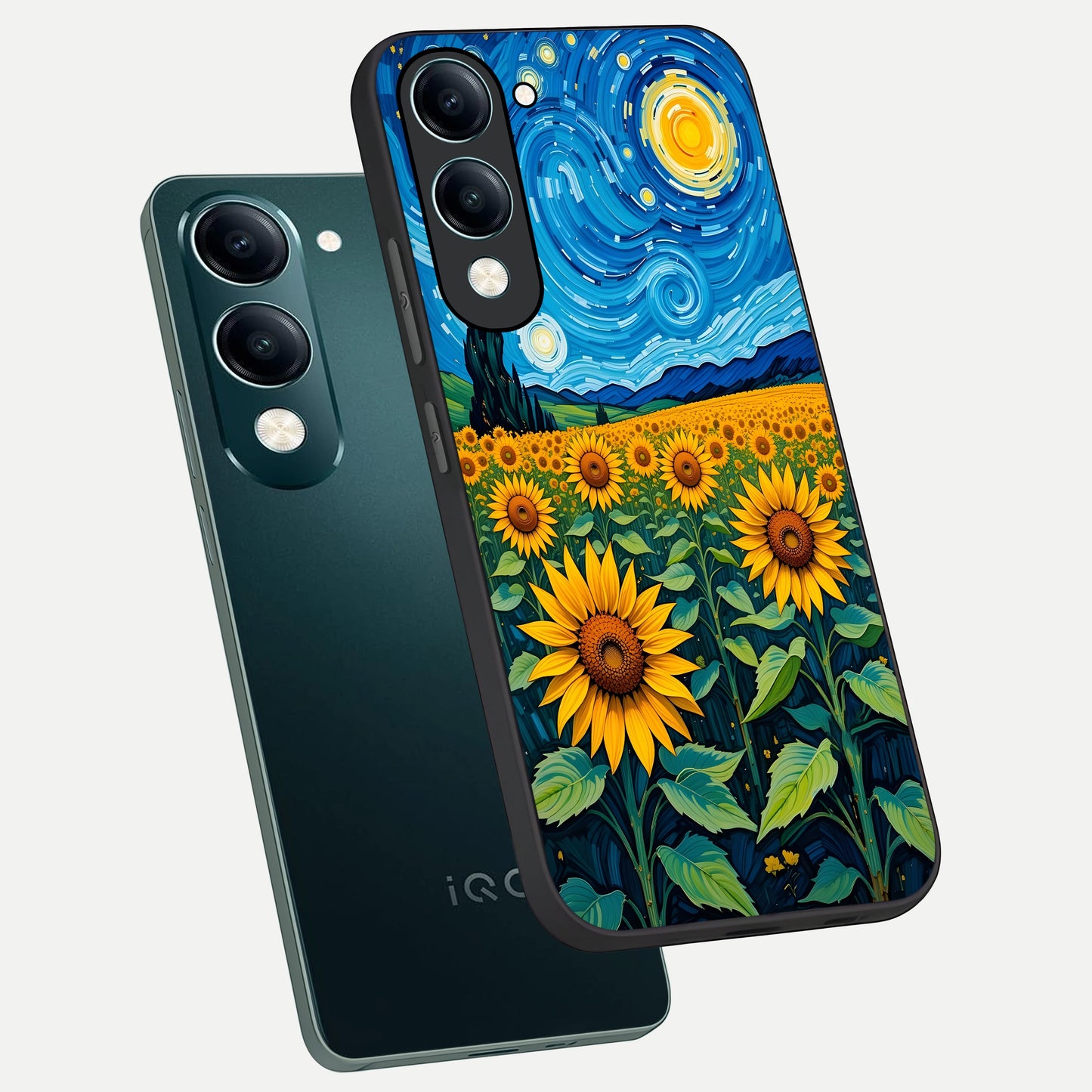  Starry Sunflower Dreams phone case for iQOO Z10 Lite showing premium glass back cover with detailed artwork