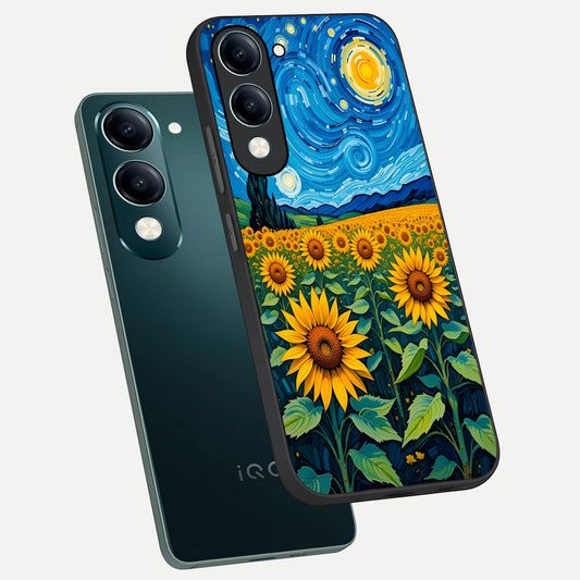  Starry Sunflower Dreams phone case for iQOO Z10 Lite showing premium glass back cover with detailed artwork