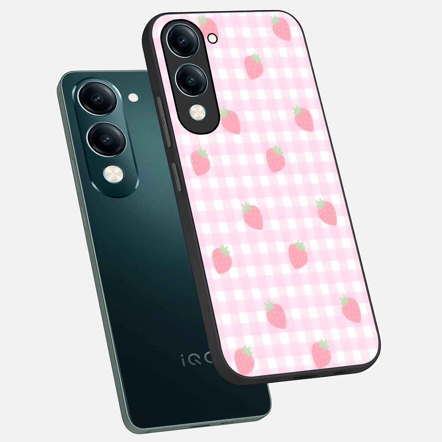 Strawberry Picnic Love phone case for iQOO Z10 Lite showing premium glass back cover with detailed artwork
