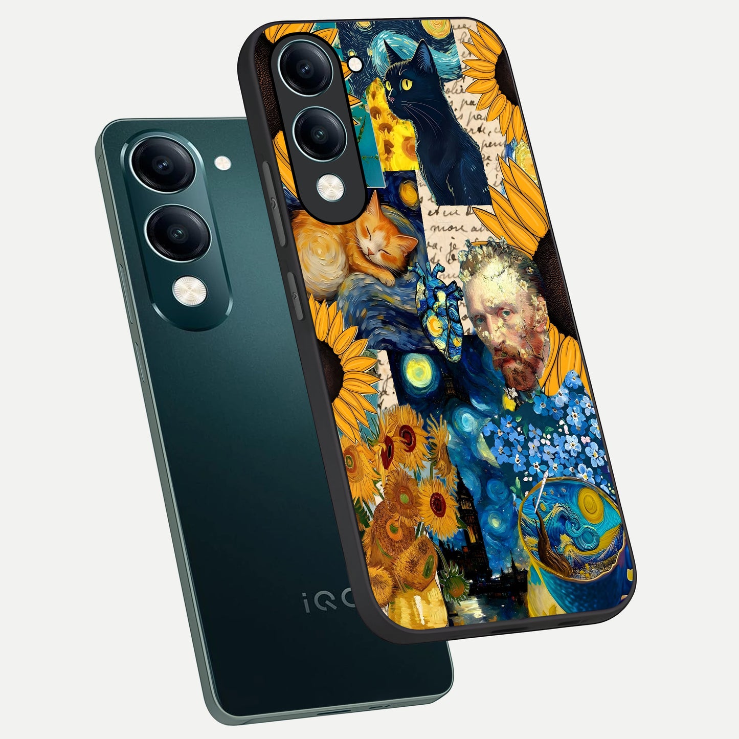  Sunflower Chic Mood Custom Name phone case for iQOO Z10 Lite showing premium glass back cover with detailed artwork