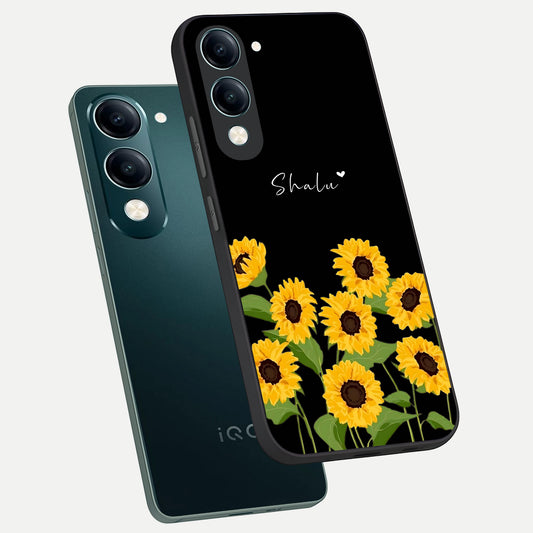 Sunflower Sky Bloom phone case for iQOO Z10 Lite showing premium glass back cover with detailed artwork