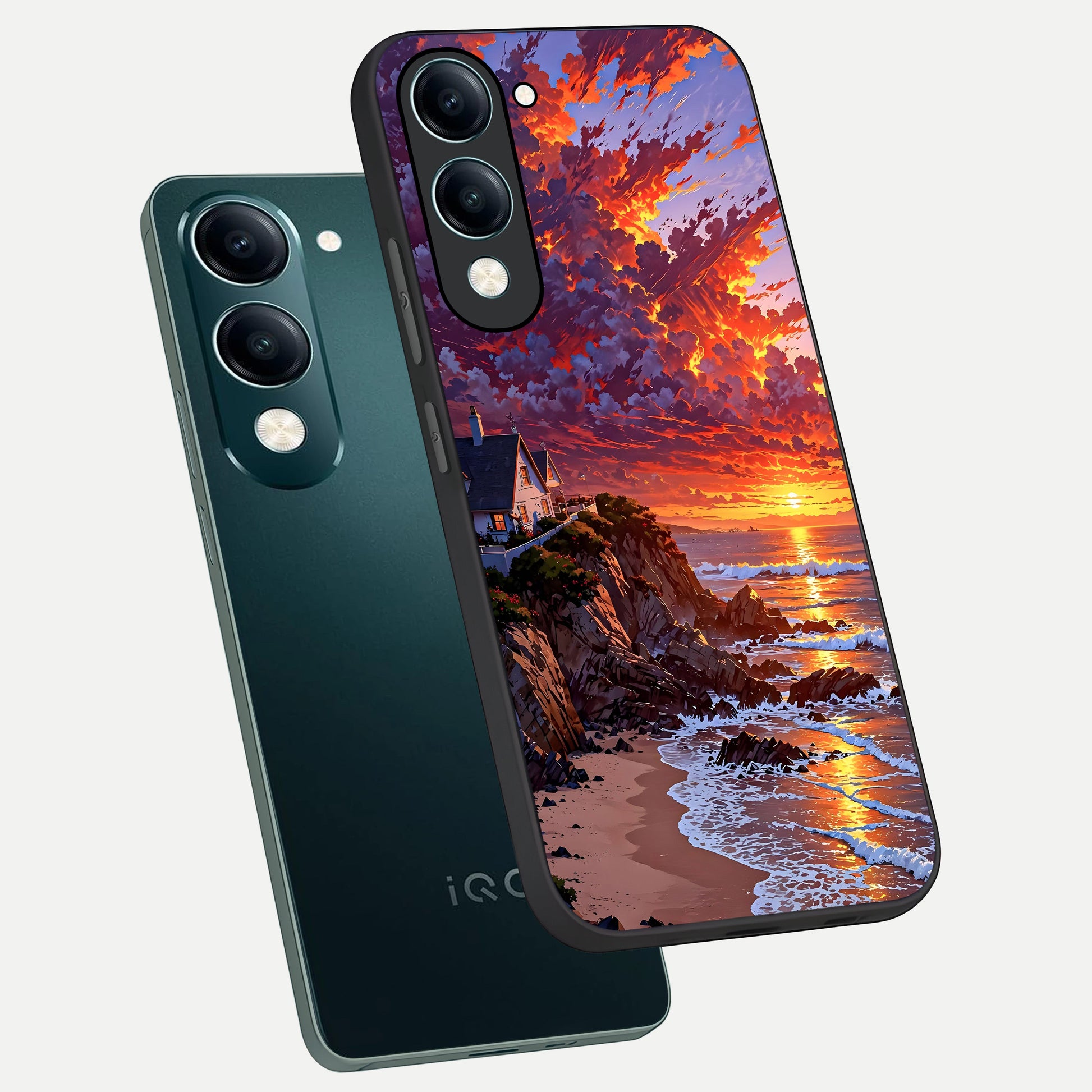  Sunset House By Sea phone case for iQOO Z10 Lite showing premium glass back cover with detailed artwork