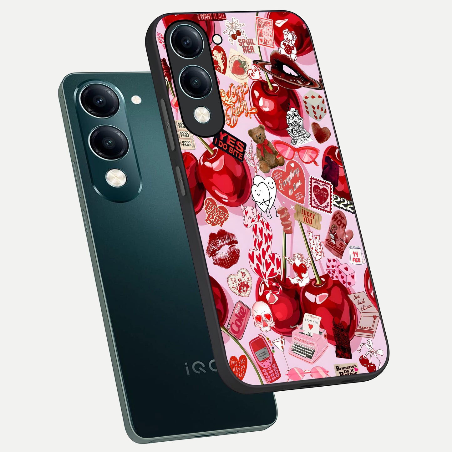  Sweet Cherry Chaos phone case for iQOO Z10 Lite showing premium glass back cover with detailed artwork