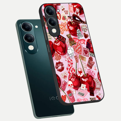  Sweet Cherry Chaos phone case for iQOO Z10 Lite showing premium glass back cover with detailed artwork