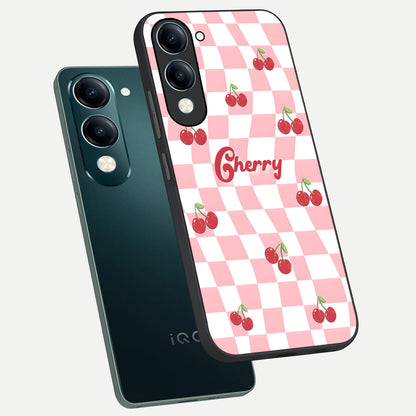  Sweet Cherry Vibes phone case for iQOO Z10 Lite showing premium glass back cover with detailed artwork