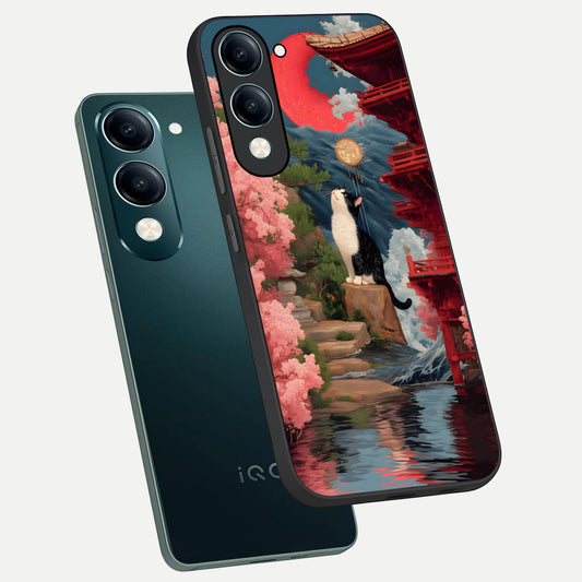  Temple Cat Scenery phone case for iQOO Z10 Lite showing premium glass back cover with detailed artwork