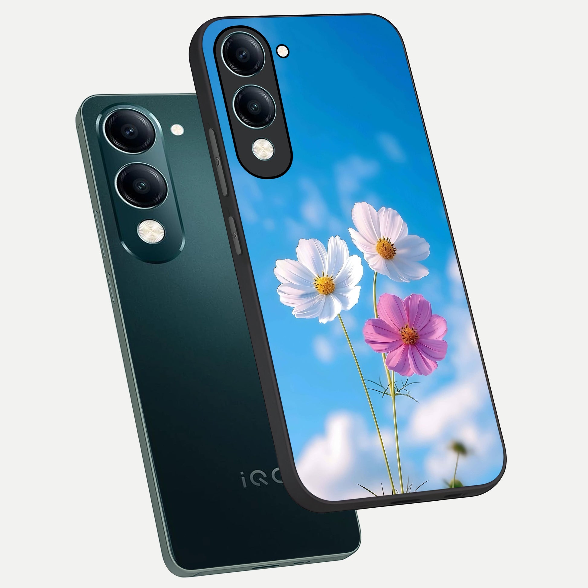  Tripple Flowers With Sky phone case for iQOO Z10 Lite showing premium glass back cover with detailed artwork