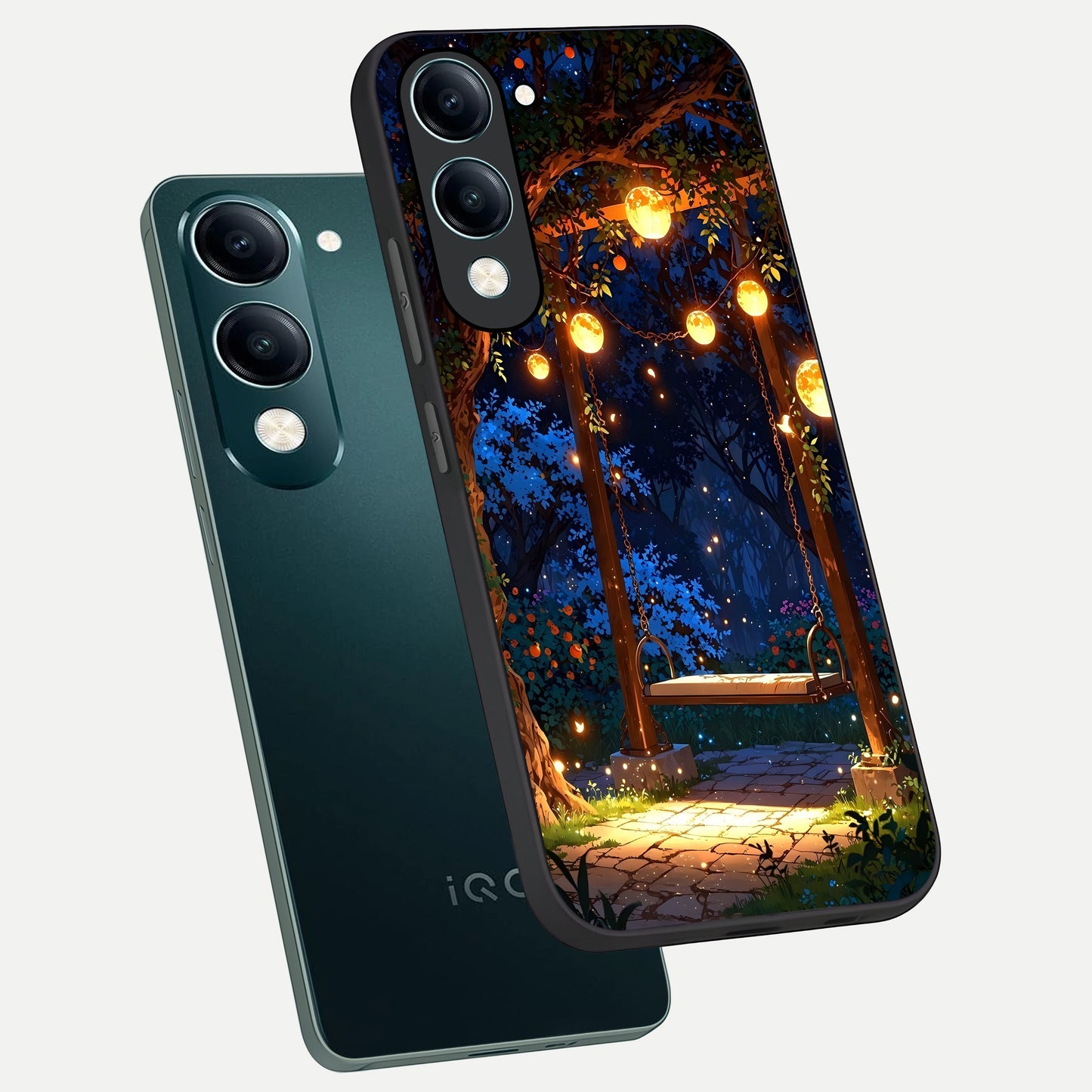  Twilight Garden Swing phone case for iQOO Z10 lite showing premium glass back cover with detailed artwork